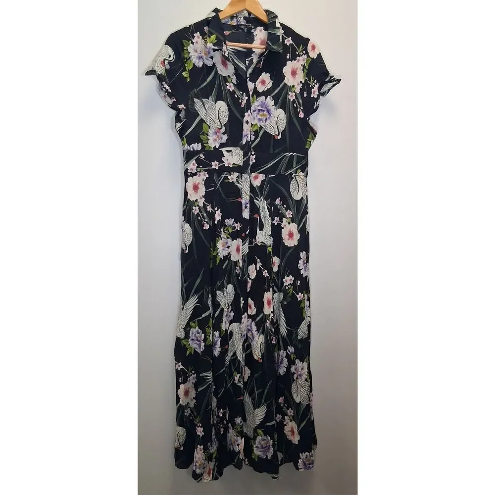 Zara collection womens medium long boho resort maxi dress blue floral beach